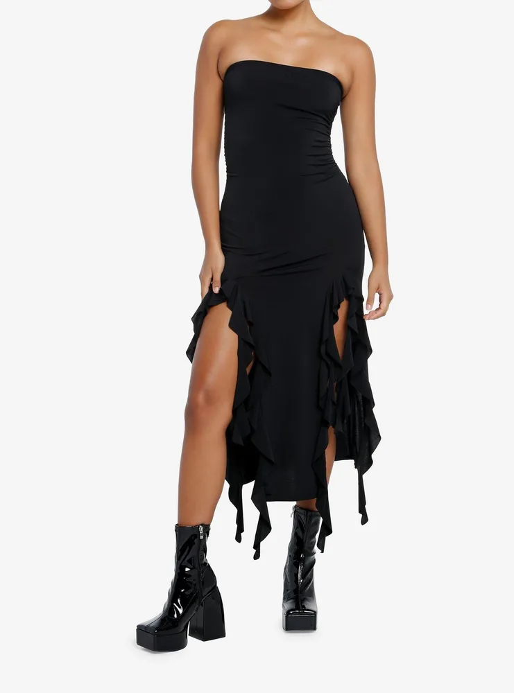 Black Ruffle Slit Strapless Maxi Dress