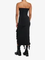 Black Ruffle Slit Strapless Maxi Dress