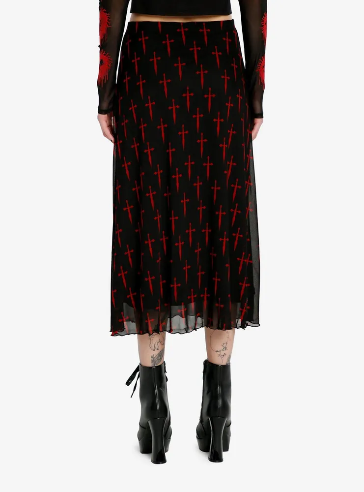 Social Collision Black & Red Dagger Mesh Midi Skirt