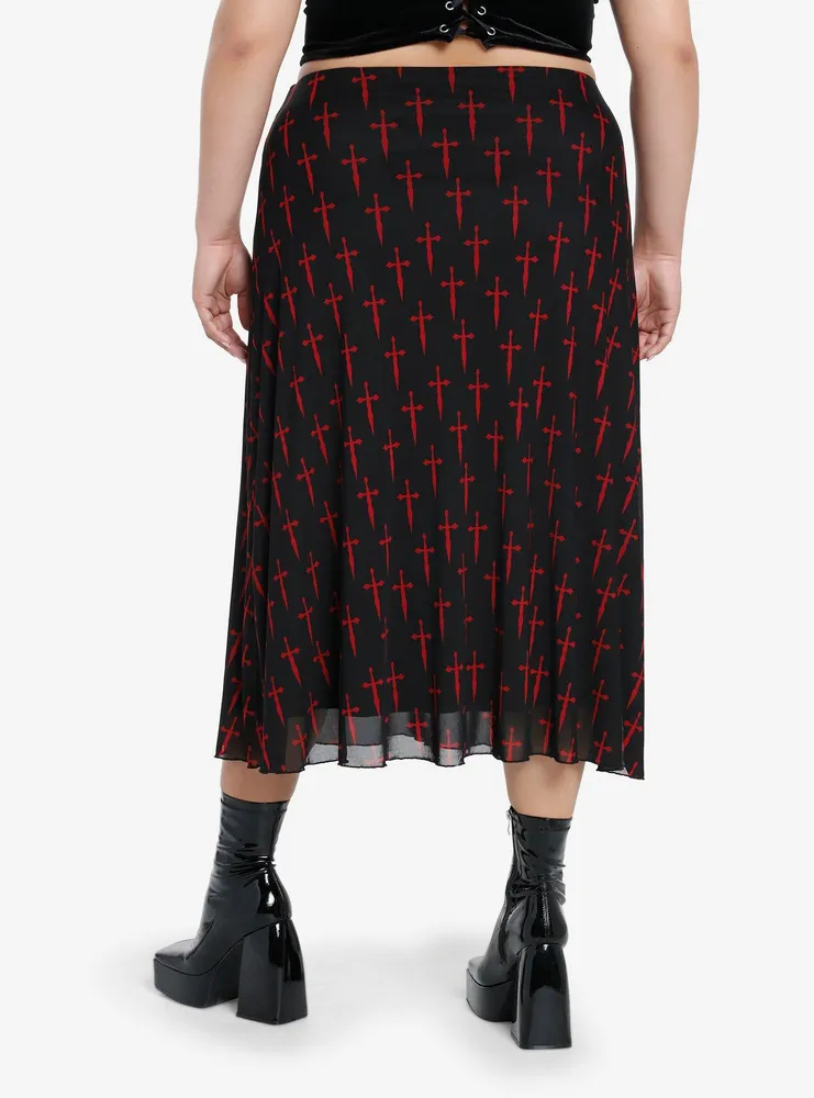 Social Collision Black & Red Dagger Mesh Midi Skirt Plus