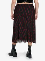 Social Collision Black & Red Dagger Mesh Midi Skirt Plus