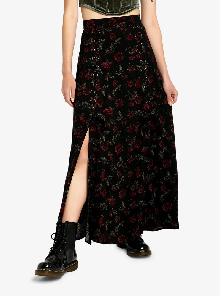 Thorn & Fable Dark Red Rose Lace-Up Maxi Skirt