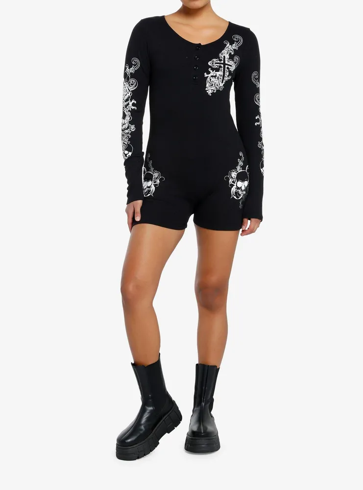 Social Collision Skulls & Crosses Ribbed Romper