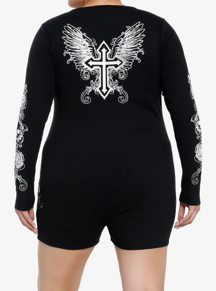 Social Collision Skulls & Crosses Ribbed Romper Plus