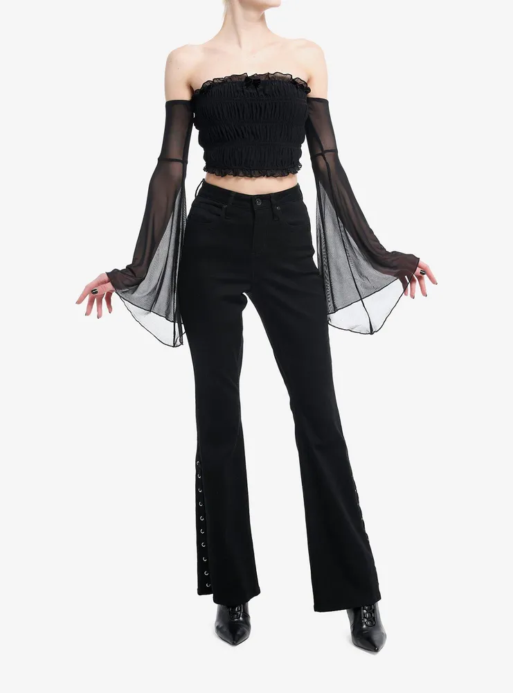 Cosmic Aura Black Mesh Bow Girls Cold Shoulder Crop Top