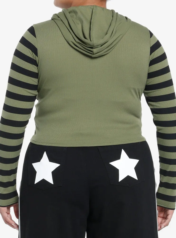 Social Collision Black & Green Stripe Star Girls Crop Hoodie Plus