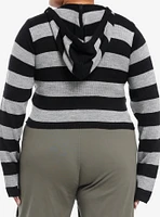 Black & Grey Stripe Girls Crop Hoodie Plus