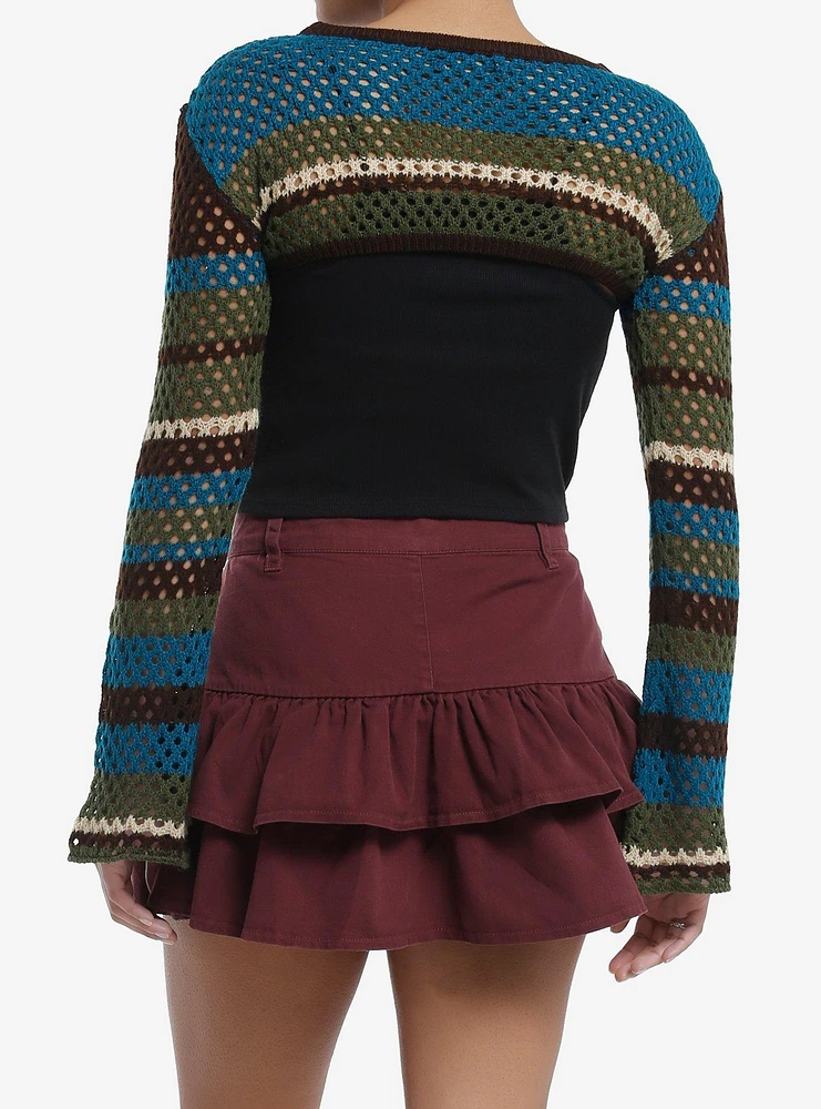 Thorn & Fable Blue Green Stripe Knit Girls Crop Shrug