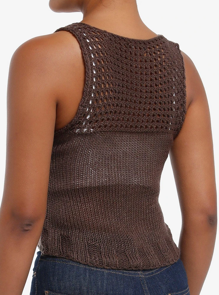 Brown Open Knit Girls Sweater Tank Top