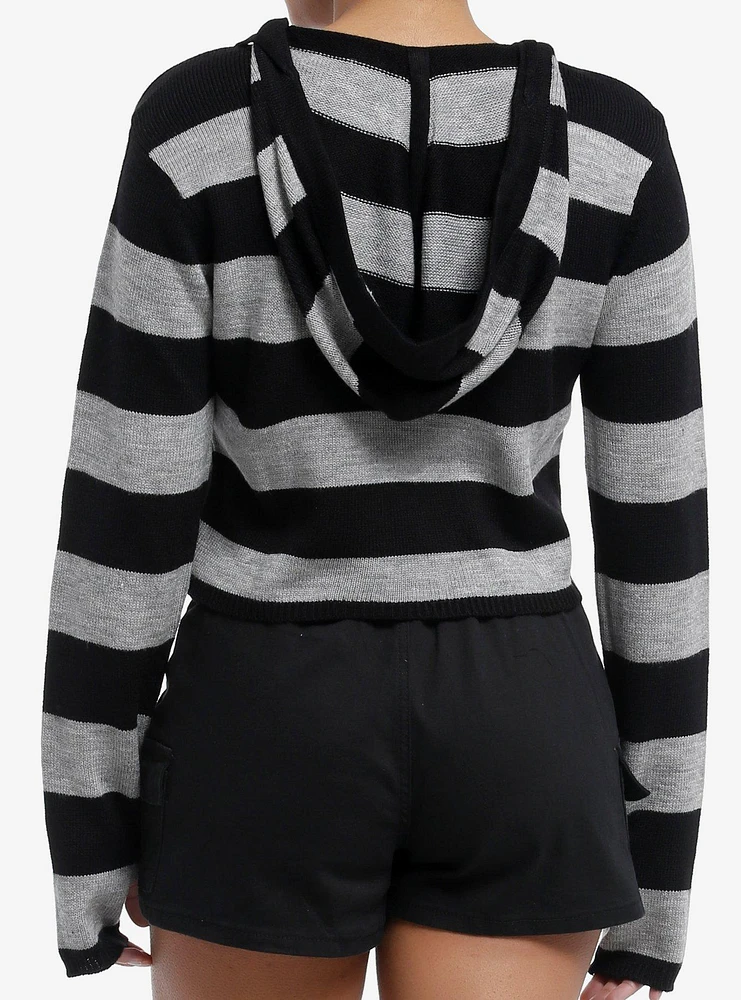 Black & Grey Stripe Girls Crop Hoodie