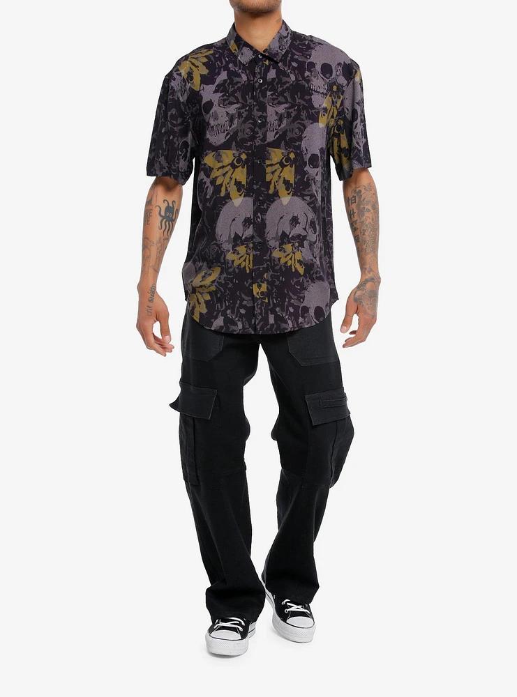 Grunge Skull Moth Woven Button-Up