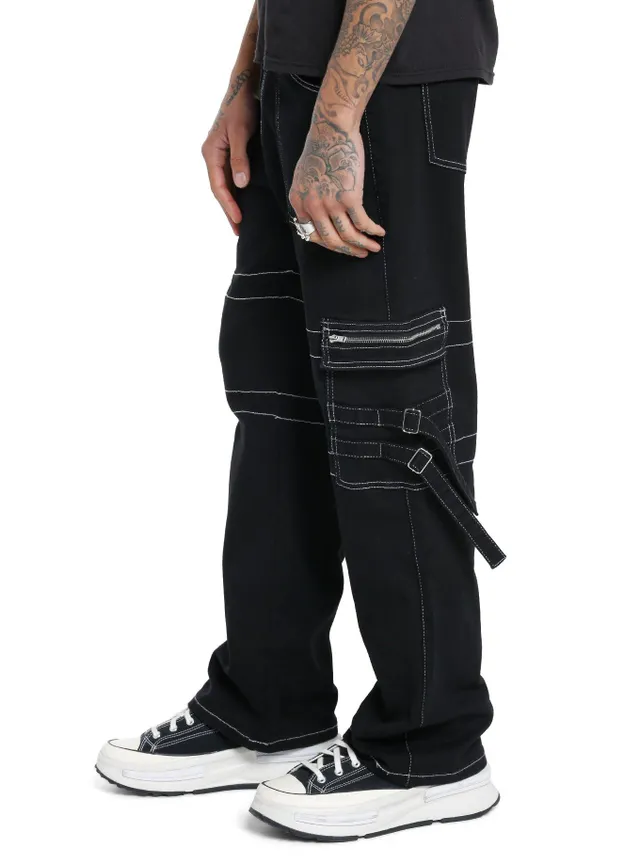 Hot Topic Black & White Contrast Stitch Suspender Carpenter Pants