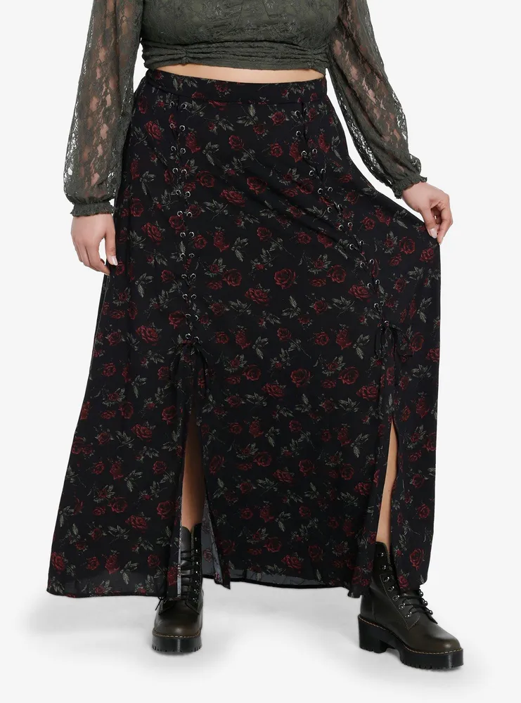 Thorn & Fable Dark Red Rose Lace-Up Maxi Skirt Plus