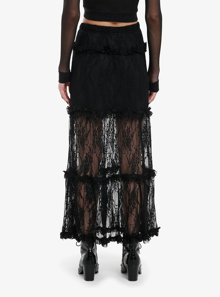 Daisy Street Black Lace Ruffle Sheer Maxi Skirt