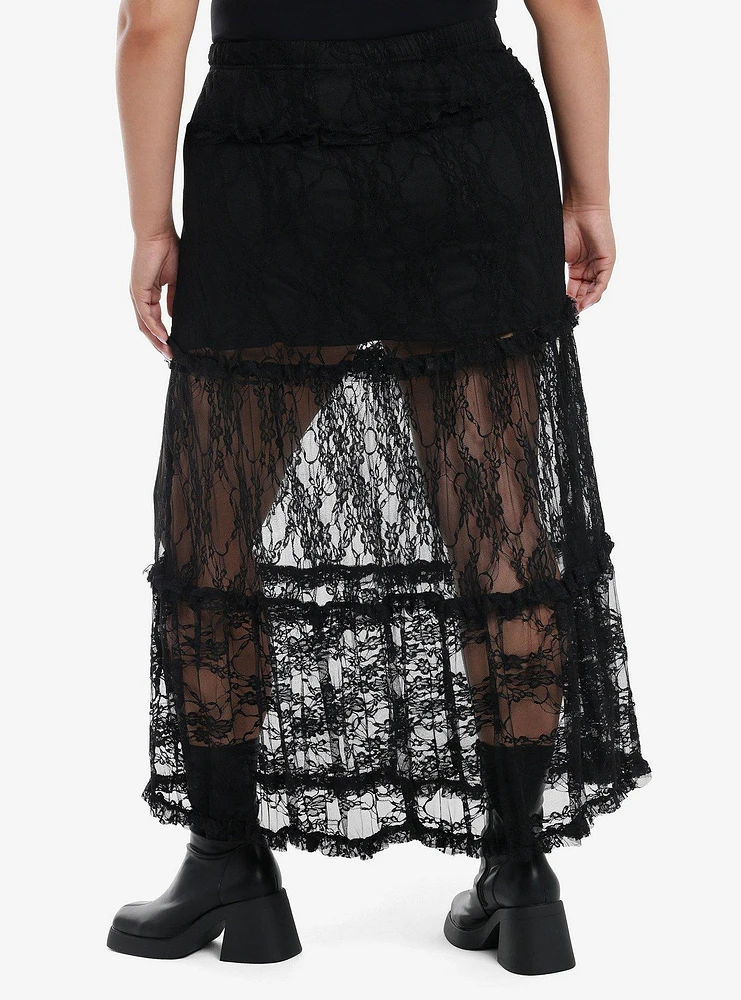 Daisy Street Black Lace Ruffle Sheer Maxi Skirt Plus