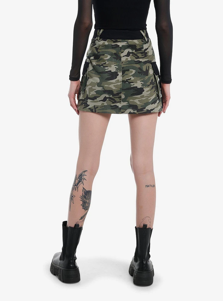 Green Camouflage Zipper Cargo Skirt