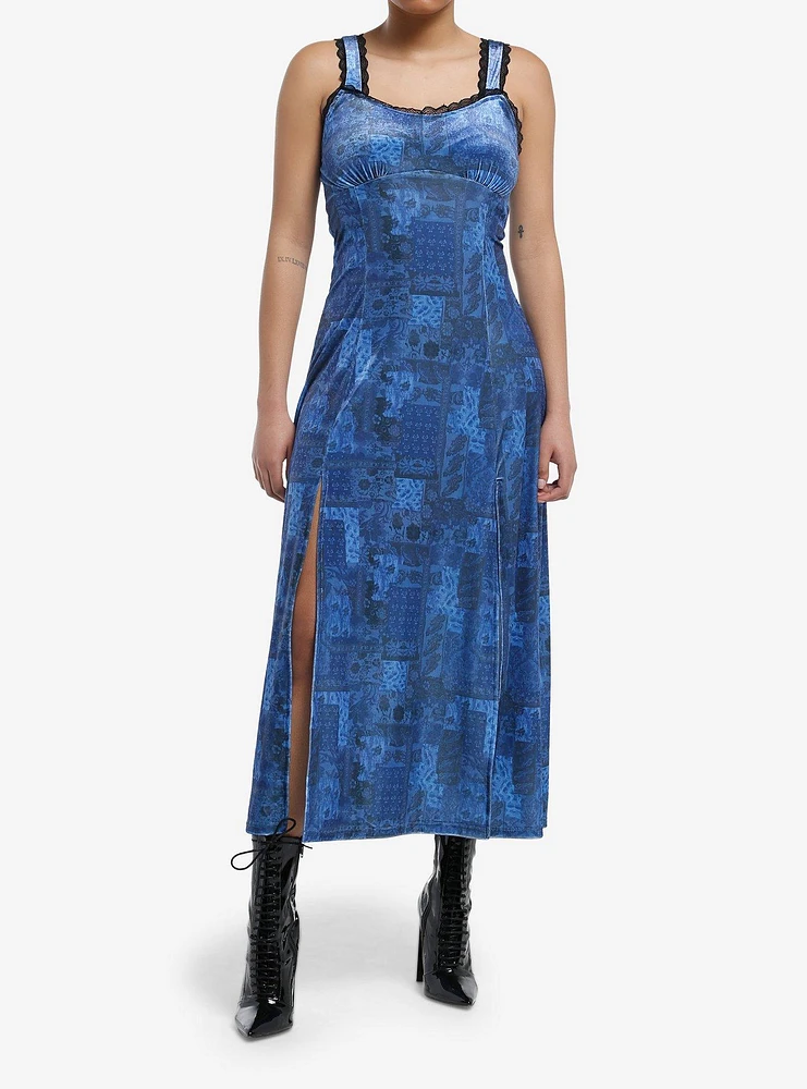 Cosmic Aura Blue Paisley Patchwork Midi Dress