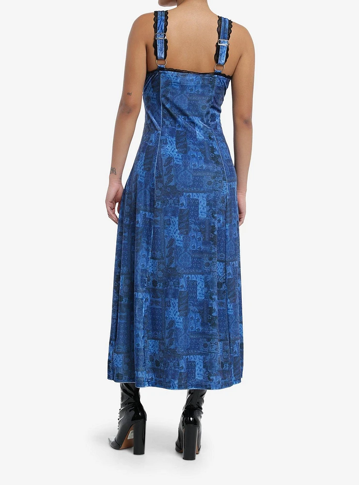 Cosmic Aura Blue Paisley Patchwork Midi Dress