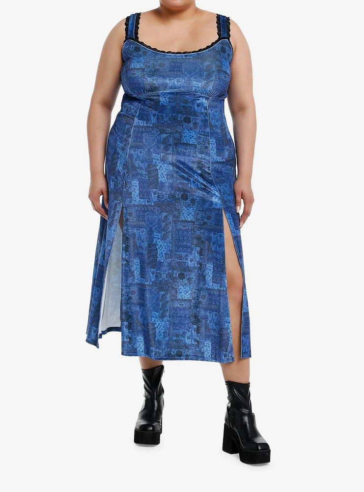 Cosmic Aura Blue Paisley Patchwork Midi Dress Plus