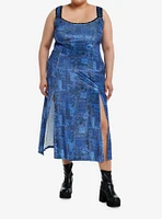 Cosmic Aura Blue Paisley Patchwork Midi Dress Plus