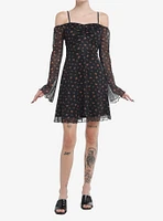 Thorn & Fable Floral Mesh Cold Shoulder Bell Sleeve Dress