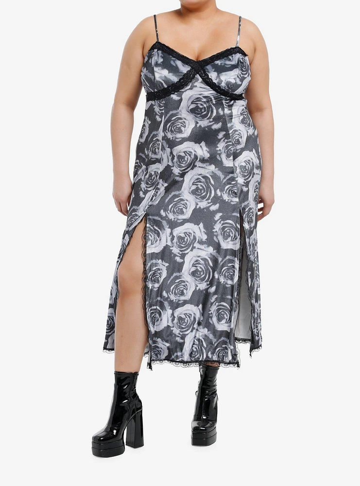 Thorn & Fable Grey Rose Lace Slit Maxi Dress Plus