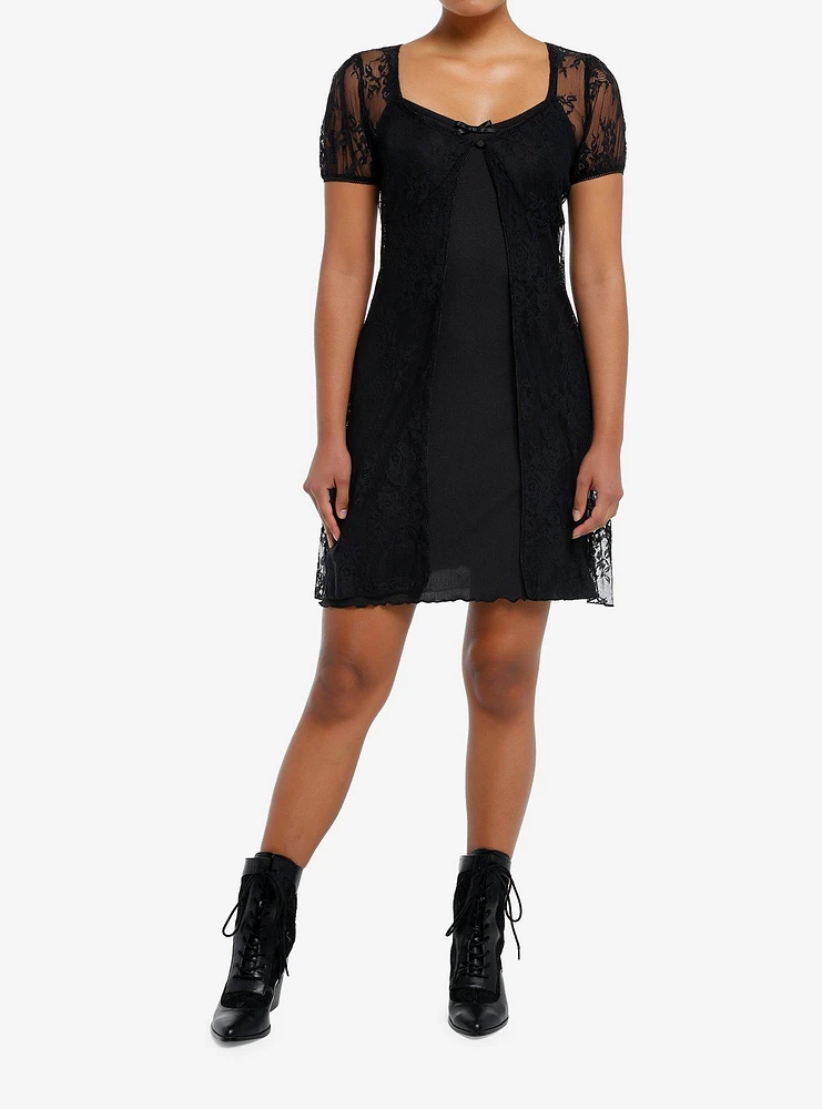 Cosmic Aura Open Front Black Lace Dress