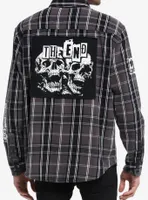 Social Collision® Black & White Plaid Punk Icons Long-Sleeve Woven Button-Up