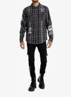 Social Collision® Black & White Plaid Punk Icons Long-Sleeve Woven Button-Up