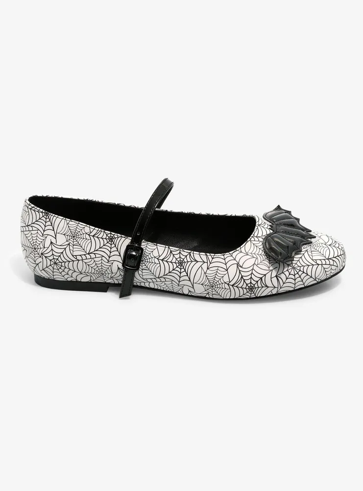 Strange Cvlt Black & White Spiderweb Mary Jane Flats