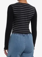 Social Collision® Black & Grey Stripe Star Girls Crop Long-Sleeve Top