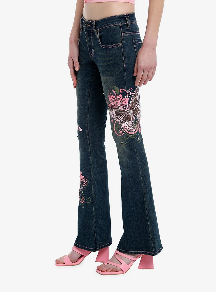 Pink Butterfly Rhinestone Flare Denim Pants