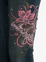 Pink Butterfly Rhinestone Flare Denim Pants