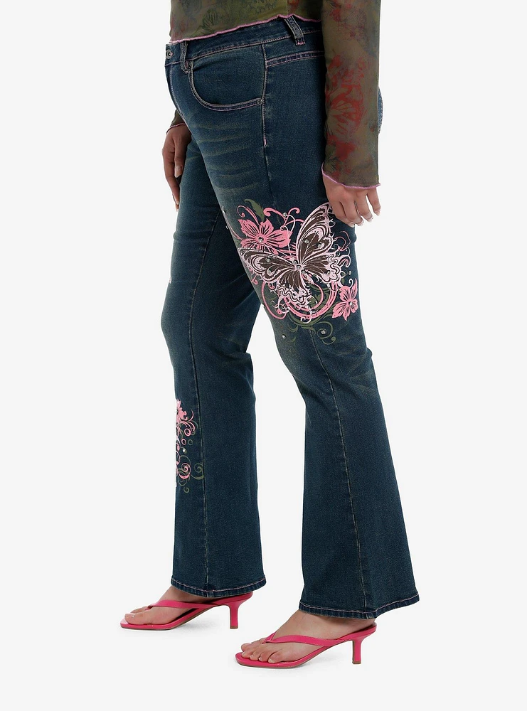 Pink Butterfly Rhinestone Flare Denim Pants Plus