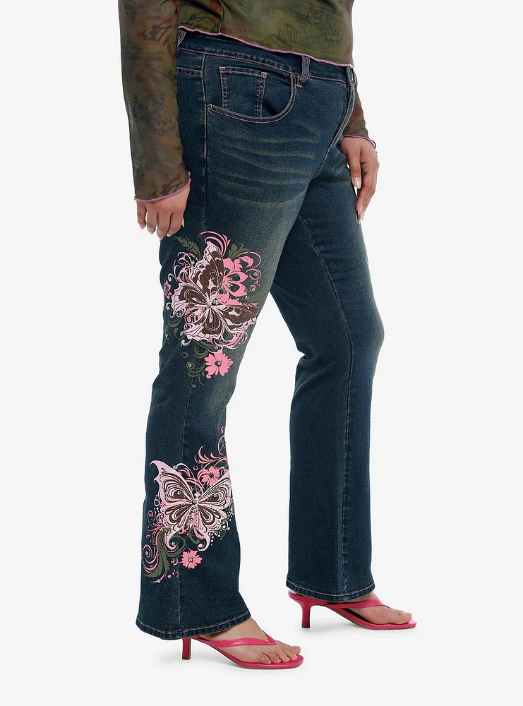 Pink Butterfly Rhinestone Flare Denim Pants Plus