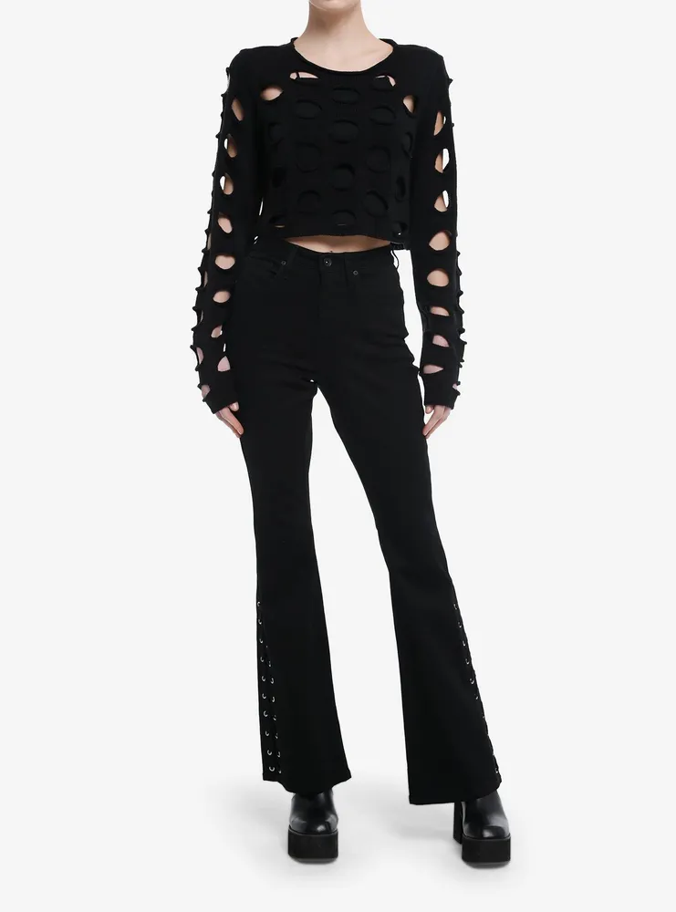 Cosmic Aura Black Cutout Girls Crop Sweater