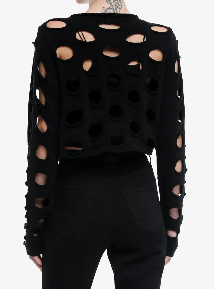 Cosmic Aura Black Cutout Girls Crop Sweater