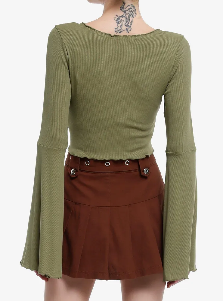 Thorn & Fable Green Tie-Front Girls Bell-Sleeve Crop Top