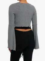 Cosmic Aura Grey Ribbed Girls Crop Bell Sleeve Shrug