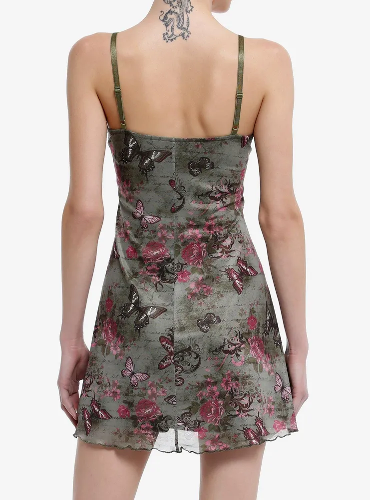 Sweet Society Pink & Green Butterfly Mesh Cami Dress
