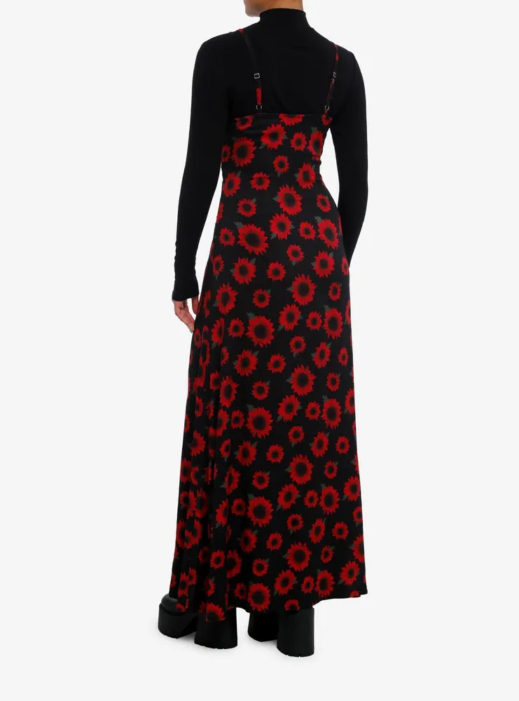 Black & Red Flower Twofer Turtleneck Maxi Dress