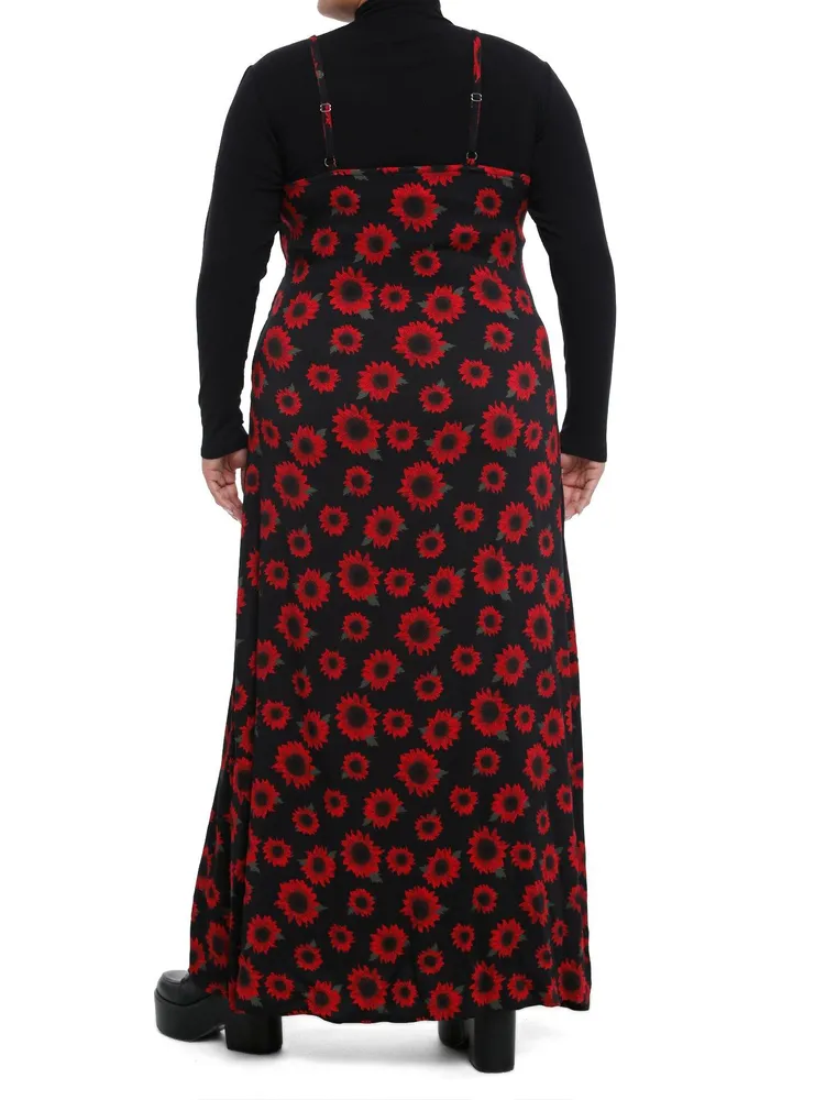 Black & Red Flower Twofer Turtleneck Maxi Dress Plus
