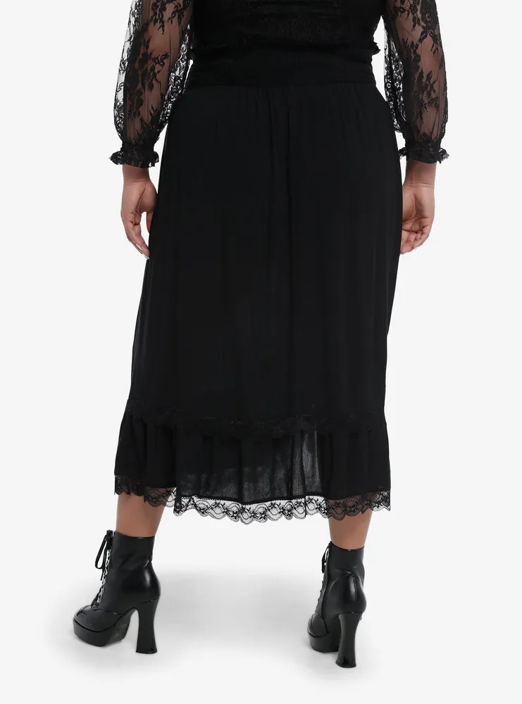 Black Lace Ruched Midi Skirt Plus
