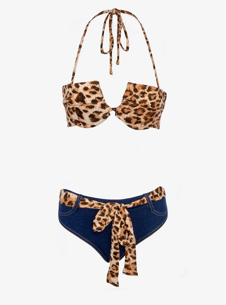 Animal Print Denim Two Piece Swimsuit