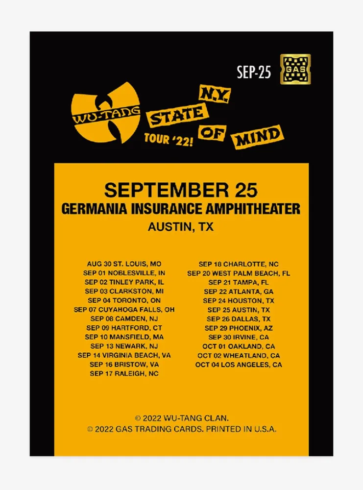 Wu-Tang Clan N.Y. State Of Mind 2022 Tour September 25 Collectible Card