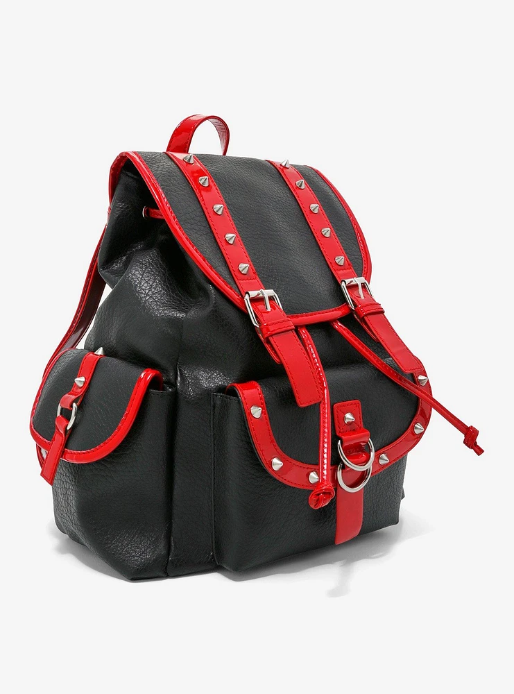 Red & Black Spike Faux Leather Slouch Backpack