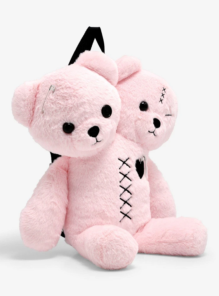 Pink Double Bear Head Plush Backpack