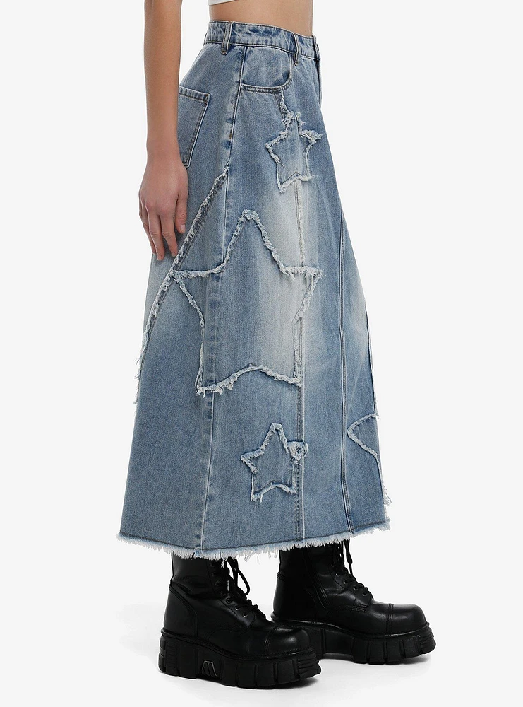 Social Collision Star Patches Denim Midaxi Skirt