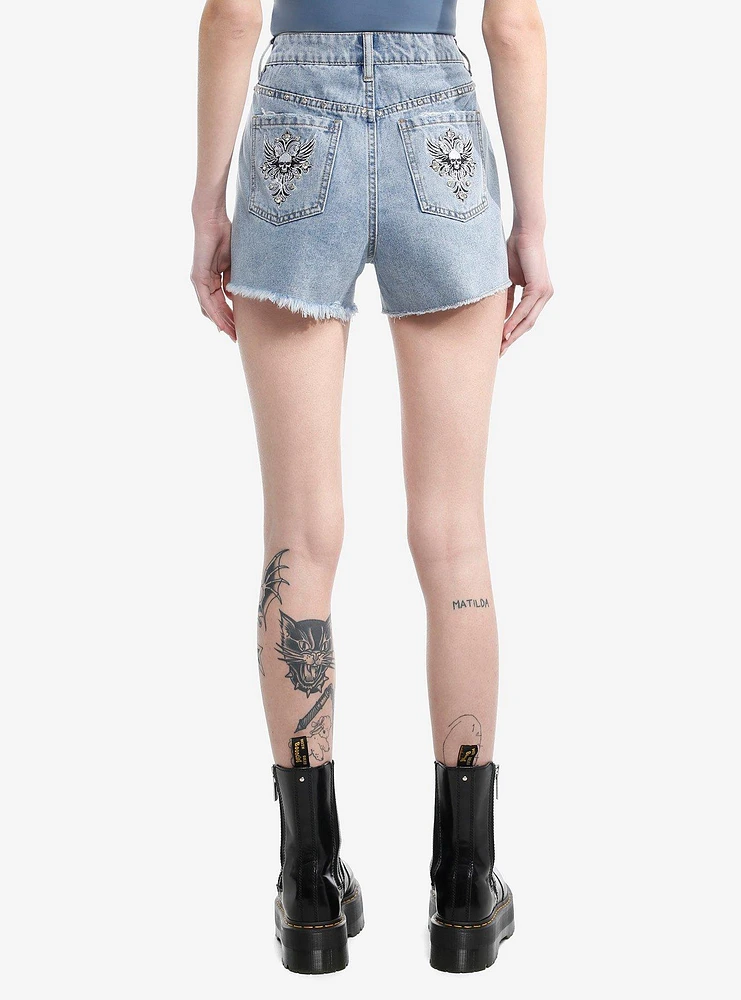 Social Collision® Skull Rhinestone Stud Girls Denim Shorts