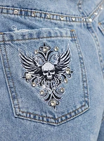 Social Collision® Skull Rhinestone Stud Girls Denim Shorts